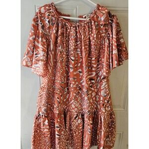 Entro Animal Print A-Line Dress L Orange White Braided Neck Flutter Sleeve